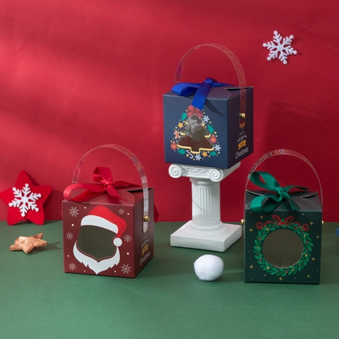 Scatola Regalo Di Natale Carta Confezione Caramelle Portatile Con Manico Nastro Finestra Festa Festiva
