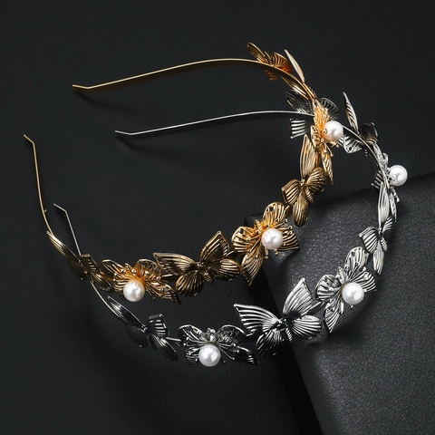 Diadema De Mariposa Barroca Con Perla Artificial De Imitación Diadema De Metal Diosa Griega Tocado De Novia Accesorios De Cabello Para Mujeres