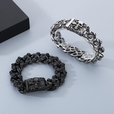 Men Skull Head Stainless Steel Bracelet Punk Rock Gothic Heavy Cuban Chain Jewelry Halloween Gift