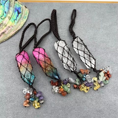 Pendente In Cristallo Naturale Borsa A Rete Intrecciata A Mano Pietre Chakra Decorazione Interni Auto Stile Boho