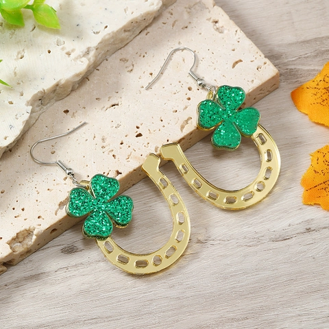 St. Patrick's Day Shamrock Clover Earrings For Women Green Glitter Horseshoe Heart Hollow Out Drop Dangle Earrings Festival Party Jewelry Gift