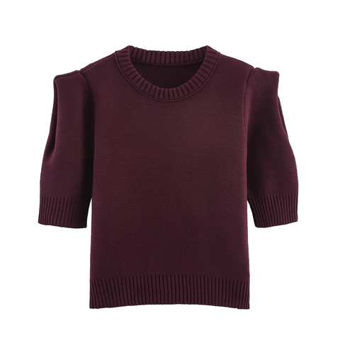 Women Round Neck Knitted Top Puff Short Sleeve Solid Color Elegant Pullover Retro Knit Sweater Chic Soft Blouse