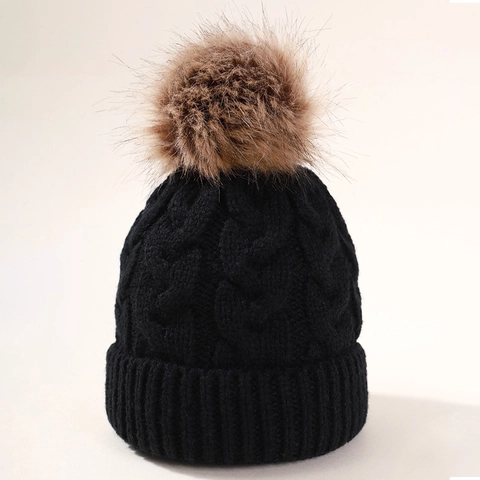 Kids Winter Cable Knit Beanie With Faux Fur Pom Pom Warm Thermal Solid Color Ribbed Cuff Hat