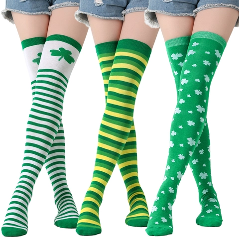 St Patrick Day Knit Thigh High Socks Shamrock Clover Green Striped Over The Knee Stockings Women Festive Party Costume