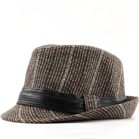 Chapeau Fedora Rétro Britannique À Rayures À Carreaux Laine Polyester À Bord Large Vintage Gentleman Jazz Cap Hommes Femmes