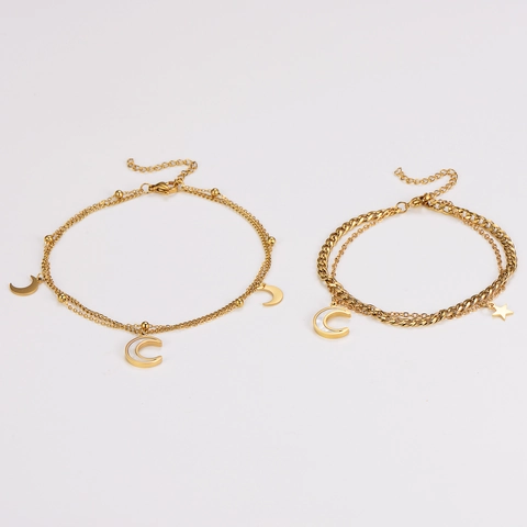 Double Layer Moon Star Bracelet And Anklet 18K Gold Plated 304 Stainless Steel With Mother Of Artificial Pearl Shell Trendy Jewelry