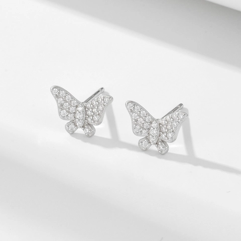 Boucles d'Oreilles Clous Papillon en Argent Sterling S925 Exquises Boucles d'Oreilles Papillon en Strass Pave pour Femme Bijoux