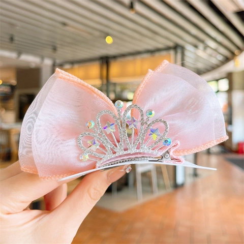 Barrettes Cheveux Filles Noeud Couronne Princesse Strass Organza Mesh Accessoires Cheveux Doux Enfants