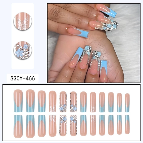 Sky Blue French Press On Nails Lang Coffin Mit 3D Harz Blumen Und Strass Süßer Stil Für Damen