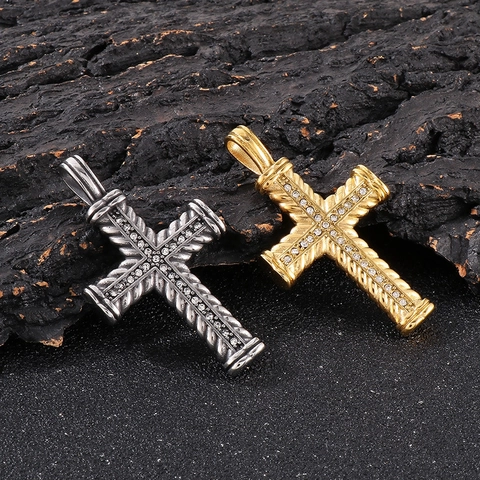 Vintage Hip Hop Cross Pendant Necklace 316L Stainless Steel Twisted Rope Texture Rhinestone Inlaid Jewelry Men