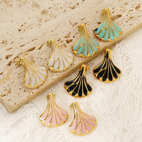 Fan Shaped Ginkgo Leaf Stud Earrings 304 Stainless Steel 18K Gold Plated Enamel Vintage Artistic Jewelry For Women