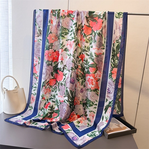 Women Floral Print Satin Like Scarf Elegant Lightweight Sun Protection Shawl Large Polyester Wrap