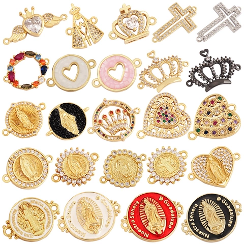 Connettori Per Gioielli Micro Pave CZ Placcati Oro Religiosi Vergine Maria Cuore Corona Croce Maglie Per Creazione Gioielli