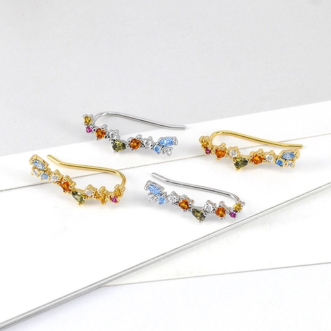 Orecchini Ear Climber In Zirconia Multicolore Geometrici In Rame Con Perno In Argento Sterling 925 Per Donne