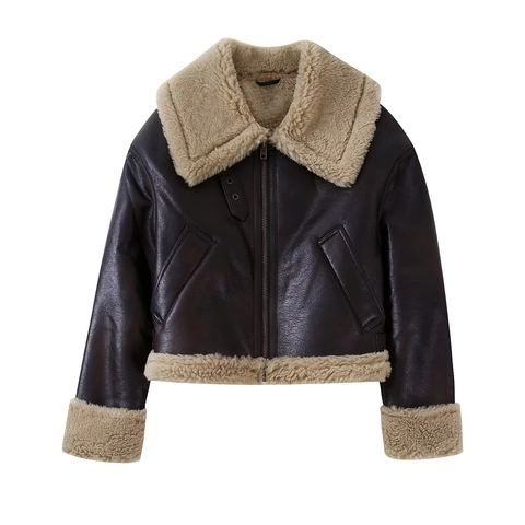 Damen Kunstleder Lammfell Bikerjacke Winter Warm PU Moto Mantel Mit Kunstpelz Reverskragen Reißverschluss Streetwear