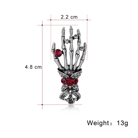 Skeleton Hand Brooch Antique Silver Alloy Red Rhinestone Gothic Punk Palm Pin Halloween Accessory For Men Women