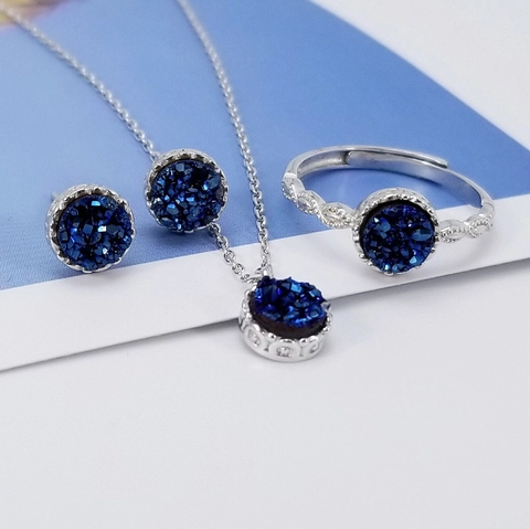 Jewelry Necklace Earrings Ring 925 Sterling Silver Round Blue Druzy Agate Platinum Plated Minimalist Elegant Women