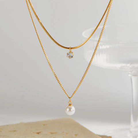 Double Layer Necklace Gold Plated Stainless Steel With Zircon And White Imitation Artificial Pearl Pendant Elegant Jewelry For Women