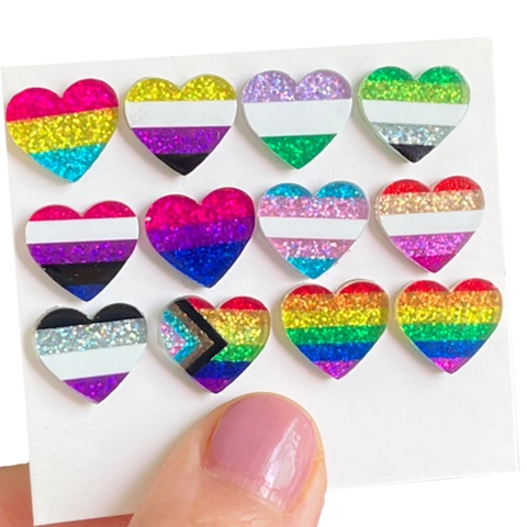 Heart Stud Earrings Acrylic Glitter With Resin Earring Post LGBTQ Pride Flag Rainbow Sparkly Festival Party Jewelry