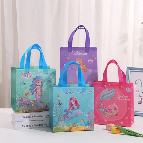 Mermaid Theme Non Woven Polyester Gift Bags With Handles Birthday Party Supplies Cartoon Princess Ocean Pattern