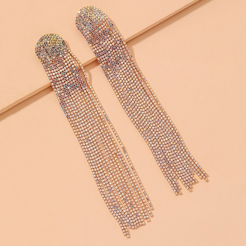 Pendientes De Borla Larga Exagerada Aleación Diamantes De Imitación Con Poste De Plata De Ley 925 Elegante Mujeres
