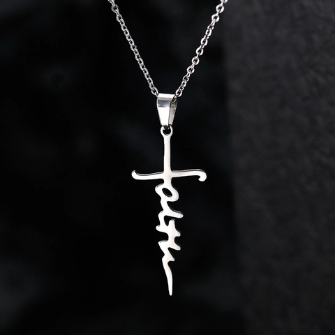 Faith Letter Cross Pendant Necklace Stainless Steel Polished Hip Hop Religious Jewelry For Women Men