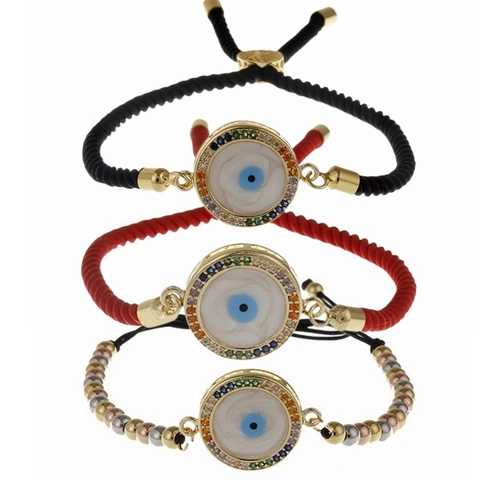 Bracciale Occhio Di Allah Rame Micro Zirconi Placcato Oro Corda Intrecciata Regolabile Gioielli Turchi Donna Uomo