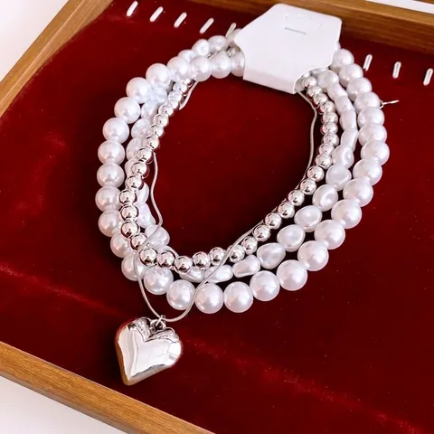 Multi Layer Necklace Faux Artificial Pearl Copper ABS Heart Pendant French Vintage Elegant Jewelry For Women