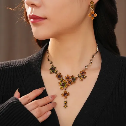 Vintage Floral Jewelry Set Multi-Color Rhinestone Alloy Necklace And Cross Earrings With Silver Earring Post For Women