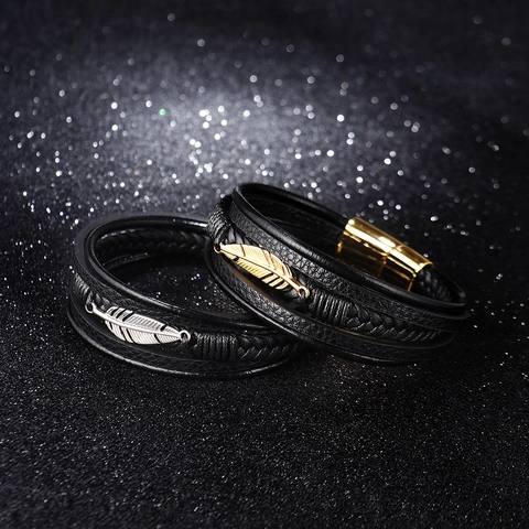 Men Multilayer Bracelet Genuine Leather Braided Stainless Steel Magnetic Clasp Feather Charm Punk Style Jewelry