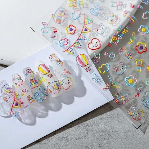 Pegatinas De Uñas Con Relieve 5D Calcomanías Autoadhesivas Dibujos Animados Fiesta Arcoíris Corazón Conejo Para Manicura DIY