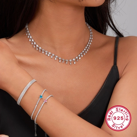 925 Sterlingsilber Geometrische Zirkonia Anhänger Halskette Für Damen Elegante Bankett Party Schmuck Mit Rundperlenkette