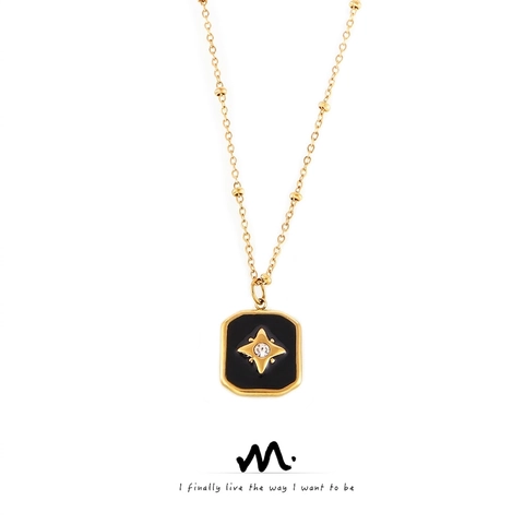 Collar Con Colgante Cuadrado Estrella Del Norte Acero Inoxidable Esmalte Negro Zircón Joyería Vintage Para Mujer