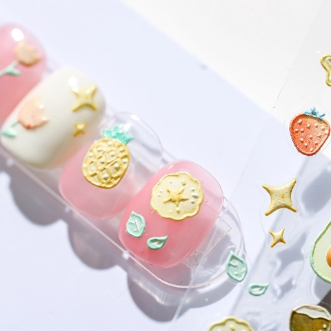 Nail Stickers 3D Relief Fruit Flower Patterns Embossed Self Adhesive Decals Manicure Decorations DIY Art Accessories