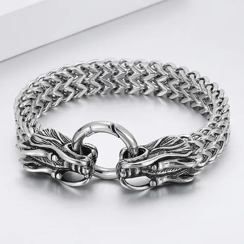 Dragon Head Bracelet Men Double Dragon Stainless Steel Woven Franco Chain Biker Punk Gothic Retro Jewelry Gift