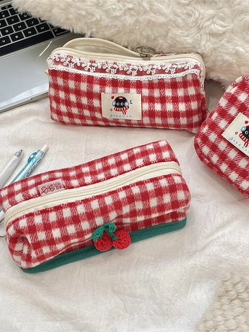 Rood Wit Geblokte Tweed Etui Grote Capaciteit Cosmetische Make-up Tas Met Kant Kers Decor Voor Studenten