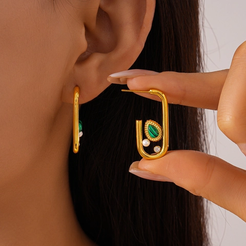 Orecchini A U In Acciaio Inossidabile Con Malachite Perla Artificial Sintetica E Strass Gioielli Geometrici Placcati In Oro Per Donne