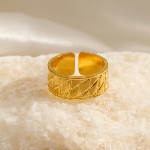 Anillo Abierto Ajustable Para Mujer Acero Inoxidable Chapado En Oro 18K Patrón Geométrico Acolchado Joyería