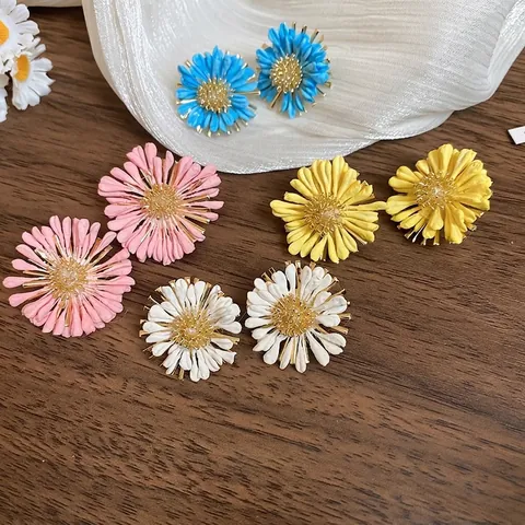 Boucles D'oreilles Puces Marguerite Fait Main En Raphia Avec Tige En Argent Sterling 925 Style Bohème Été Pour Femmes