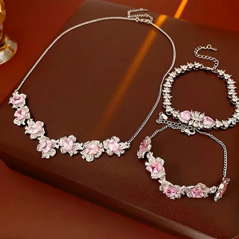 Pink Zircon Flower Heart Jewelry Necklace And Bracelet Silver Plated Copper Light Luxury Elegant Accessories Women