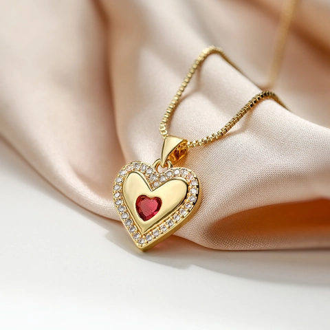 Copper Gold Plated Heart Pendant Necklace With Red White Zircon Accents Fine Jewelry For Women Romantic Gift