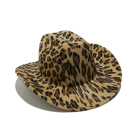 Chapeau De Cowboy Western Imprimé Léopard À Bord Large En Feutre De Polyester Jazz Fedora Pour Fête En Plein Air Mode Unisexe