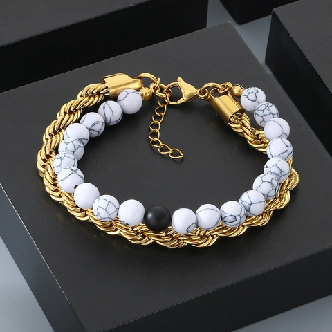 Men Double Layer Bracelet Stainless Steel Twist Rope Chain Black Agate White Howlite Beaded Layered Jewelry