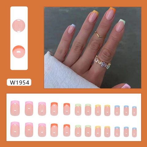 Uñas Postizas Press On French Tip Plástico ABS Colorido Macaron Cuadradas Medianas Para Mujeres Manicura Elegante