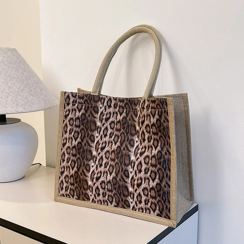 Leopard Print Tote Bag Large Capacity Cotton Linen Fashion Korean Style Zipper Shoulder Handbag For Women Daily Travel