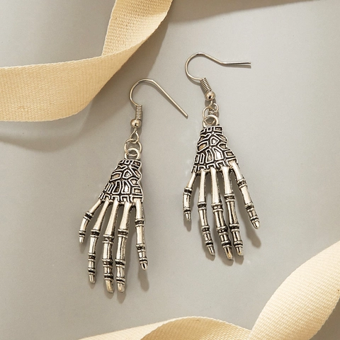 Pendientes De Mano De Esqueleto Vintage Aleación Color Plata Antigua Goth Punk Halloween