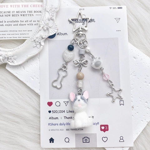 Cute Flocking Dog Keychain Beaded Phone Charm With Star Clasp Heart Bone Pendant Korean Style For Women Girls Bag Decor