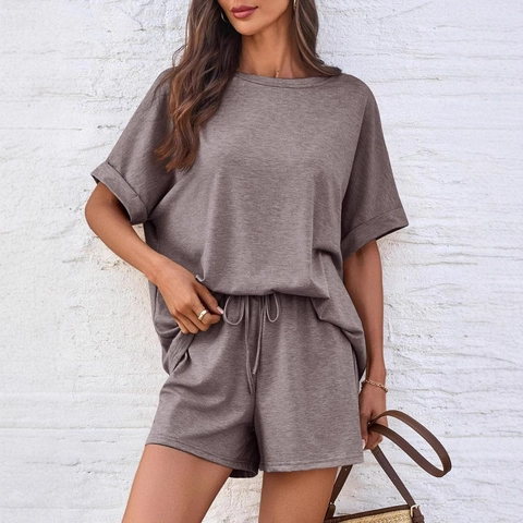 Dames Casual Loungewear Outfit T-Shirt Met Korte Mouwen En Shorts Met Trekkoord Gebreide Spandex Mix Zomer Stijl