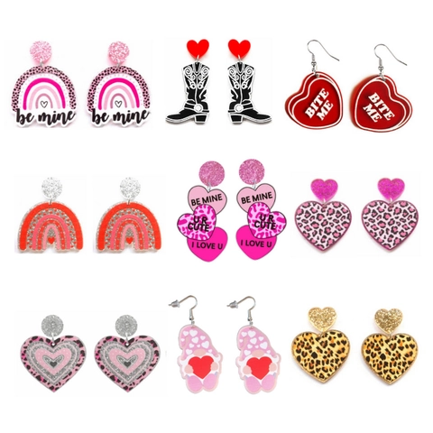 Orecchini Cuore San Valentino Leopardo Rosa Glitter Acrilico Gnomo Arcobaleno Stivali Gioielli Donne Con Perno In Ferro