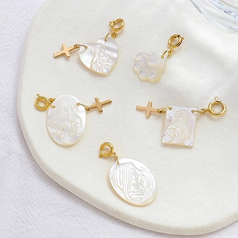 Natural Mother Of Artificial Pearl Pendant Charms Religious Virgin Mary Embossed Gold Plated Cross Heart Cat Paw DIY Jewelry Findings